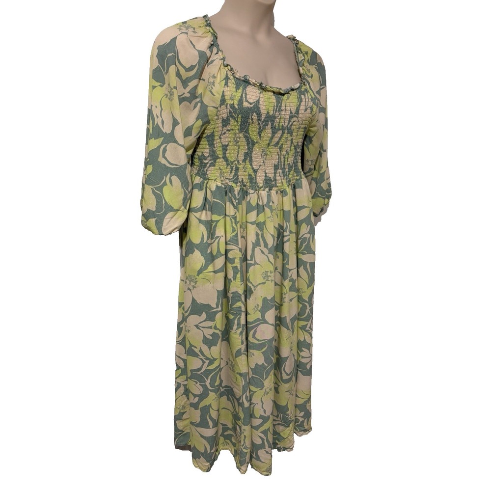 Torrid 2 Green Floral Maxi Peasant Dress Smocked Bodice 3/4 Puff Slvs Cottage